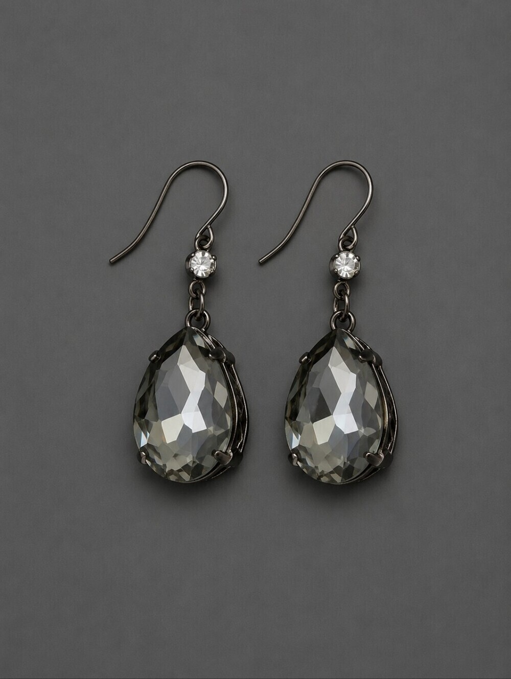 3/$30 Gunmetal Faceted Smokey Crystal Teardrop Dangle Hook Earrings